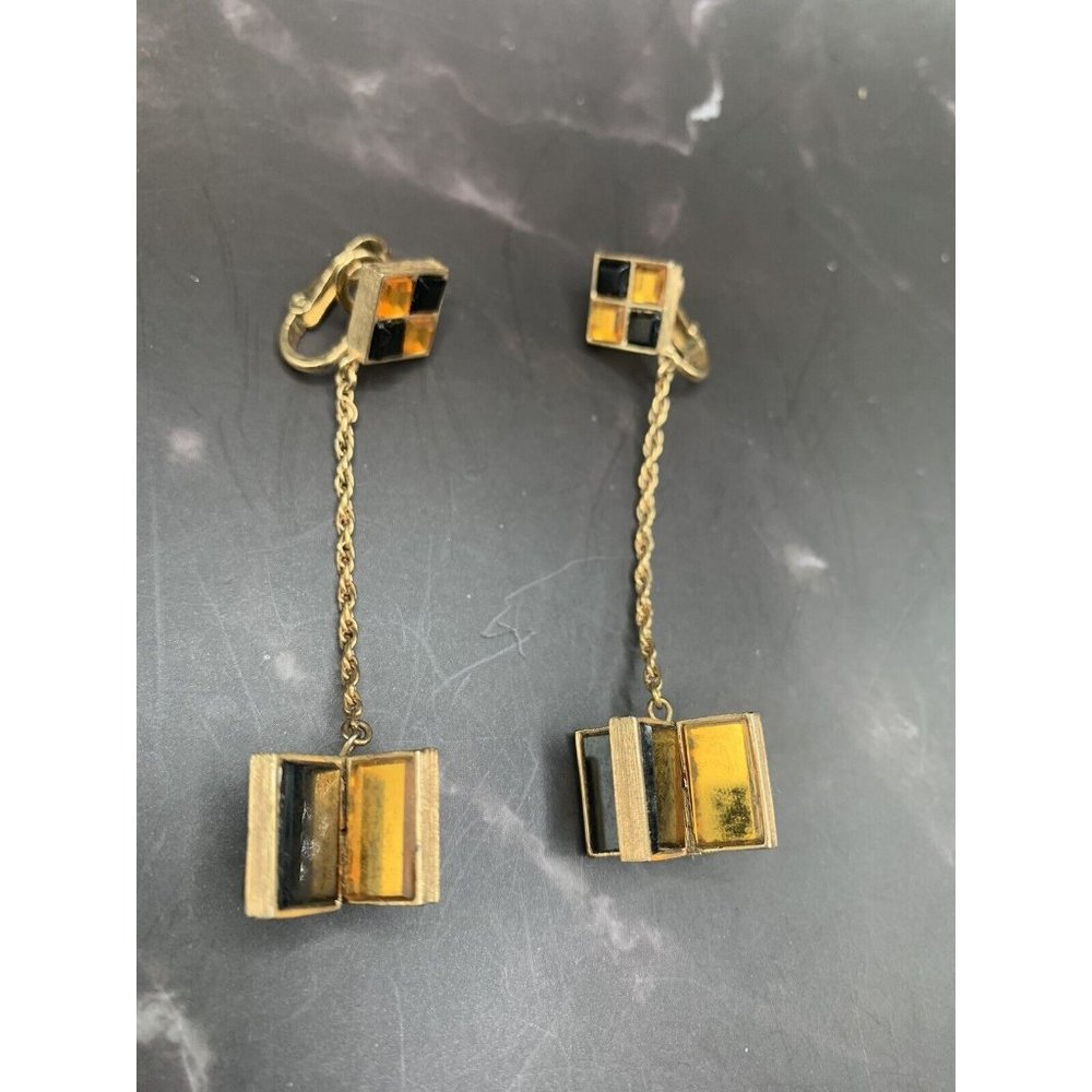 Vtg Crown Trifari Hall of Mirrors Dangle Chandelier Earrings MCM Tile Signed